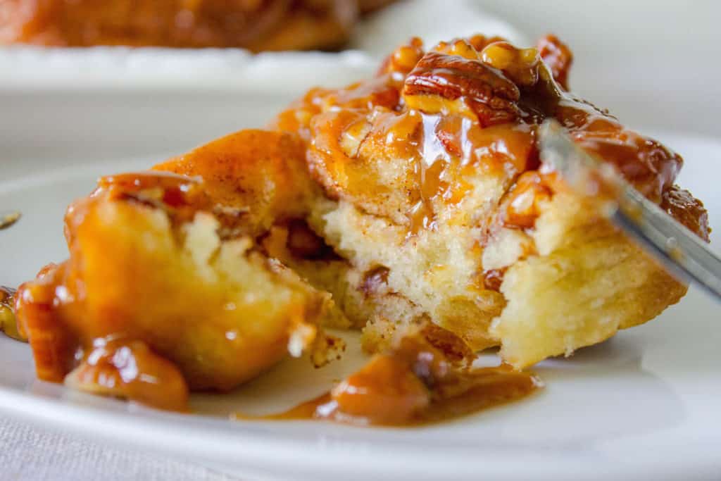 pecan sticky buns recipe cut open close up image
