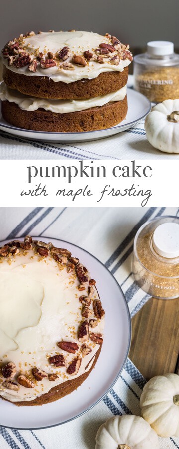 Pumpkin Cake with Maple Frosting. Super easy and delicious! Recipe via MonPetitFour.com
