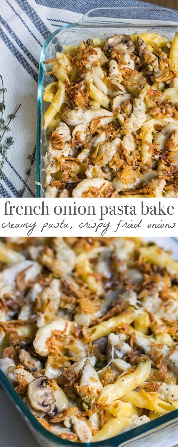 French Onion Pasta Bake - A warm and cozy meal reminiscent of French onion soup! Recipe via MonPetitFour.com