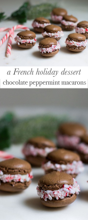 Chocolate Peppermint Macarons: a delicious combination of chocolate and candy cane peppermint! Perfect as a holiday gift or dessert. Recipe via MonPetitFour.com