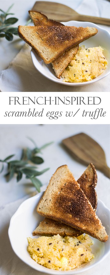 Scrambled Eggs with Truffle. French-style eggs with delicious truffle paste! Recipe via MonPetitFour.com