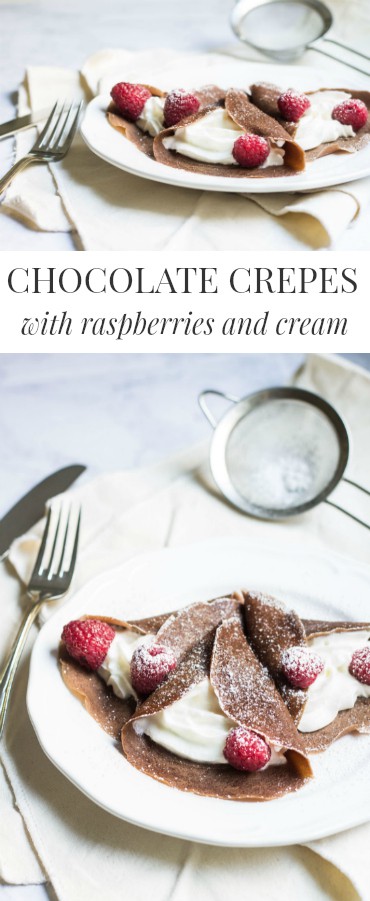 Chocolate Crepes filled with cream and fresh raspberries, then dusted with powdered sugar. So easy and so delicious! Recipe via MonPetitFour.com