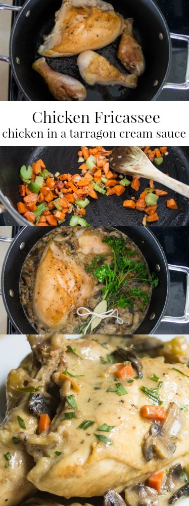 Chicken Fricassee: a one-pot chicken dinner made with mushrooms, tarragon, and a cream sauce. Easy weeknight dinner! Recipe via MonPetitFour.com