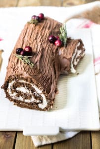 buche de noel cake overhead shot of entire yule log cake