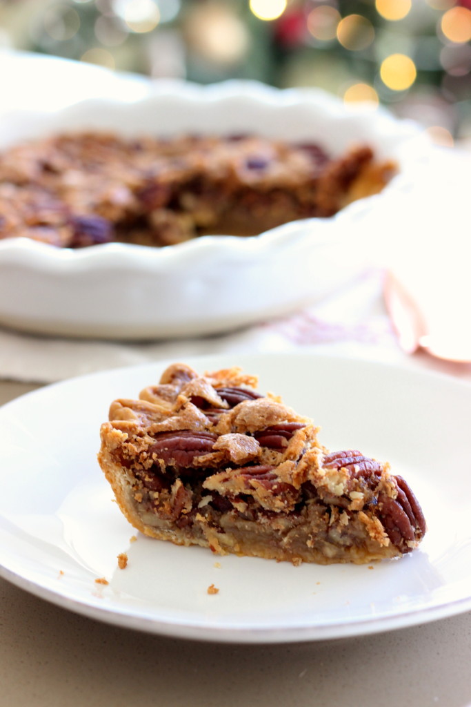 close up image of pecan pie slice
