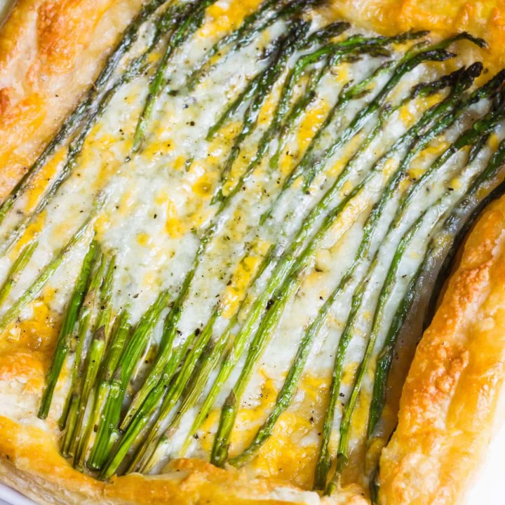 Asparagus Tart: a quick and simple appetizer or lunch using puff pastry, fresh asparagus, and cheese. Recipe via MonPetitFour.com