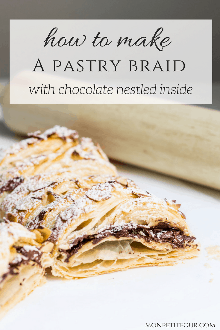 Chocolate Pastry Braid: 3-Ingredient French Dessert! Gooey chocolate nestled inside puff pastry and topped with sliced almonds. Easy recipe via MonPetitFour.com