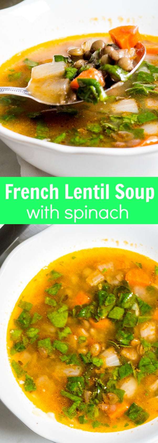 French Lentil Soup with Spinach: a comforting French soup that's hearty and delicious! Recipe via MonPetitFour.com