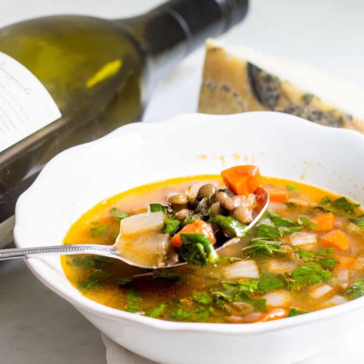 French Lentil Soup with Spinach: a comforting French soup that's hearty and delicious! Recipe via MonPetitFour.com
