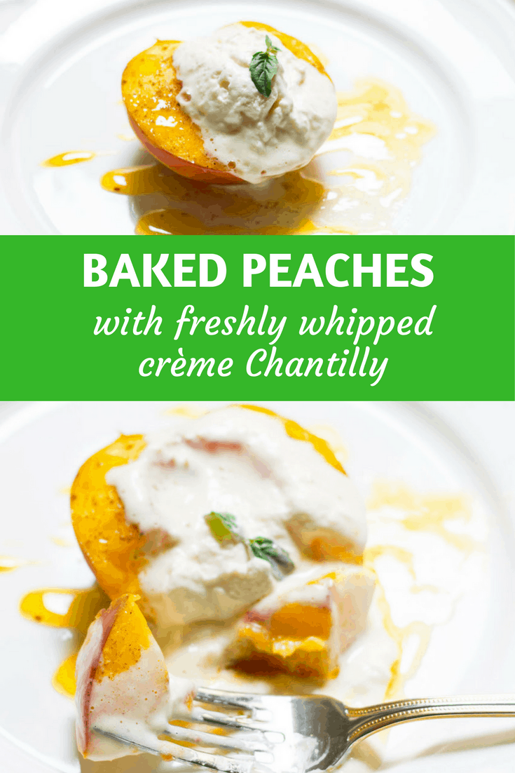 Baked Peaches with Cream: a quick and easy summer dessert made with ripe peaches and freshly whipped cream. A French recipe known as pêches rôties. Recipe via MonPetitFour.com