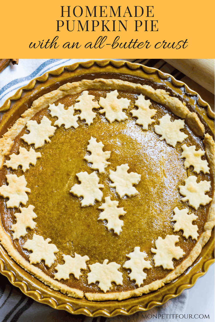 Homemade Pumpkin Pie: a delicately spiced and sweet pumpkin pie made with a homemade, all-butter crust. Perfect for Thanksgiving or any fall holiday. Recipe via MonPetitFour.com