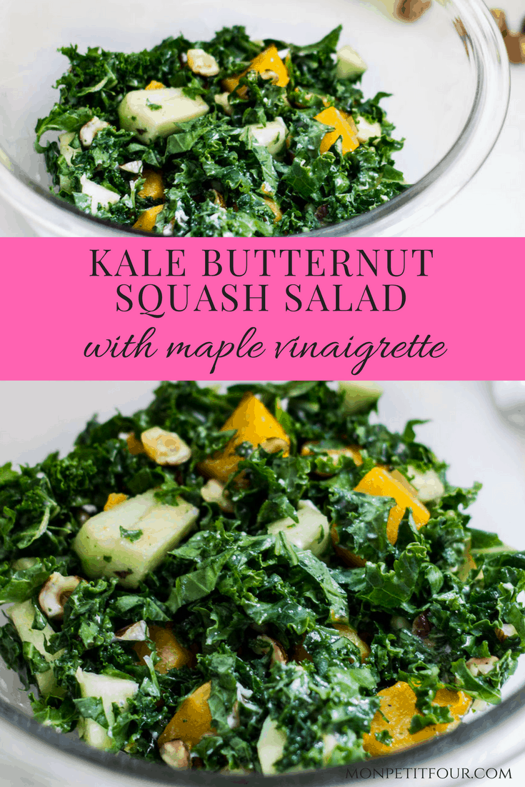 Kale Butternut Squash Salad: an easy fall salad with a tasty maple vinaigrette. Perfect for the holidays too! Recipe via MonPetitFour.com
