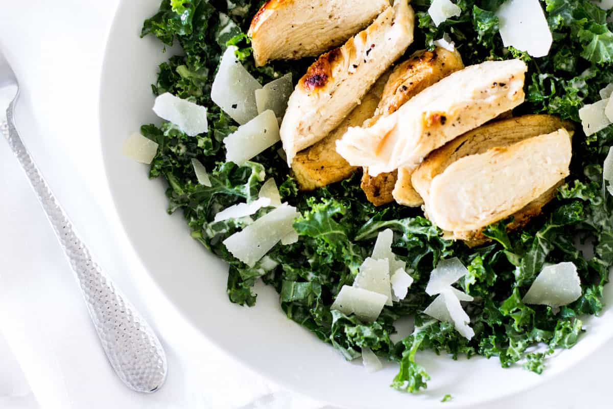 kale caesar salad close-up shot