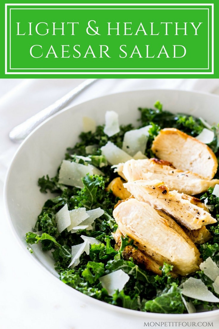 Kale Caesar Salad with Grilled Chicken: a quick, easy and healthy version of caesar salad. This lightened up recipe is via MonPetitFour.com