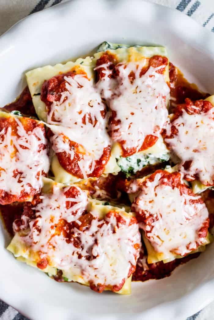 lasagna rolls in a baking dish overhead shot