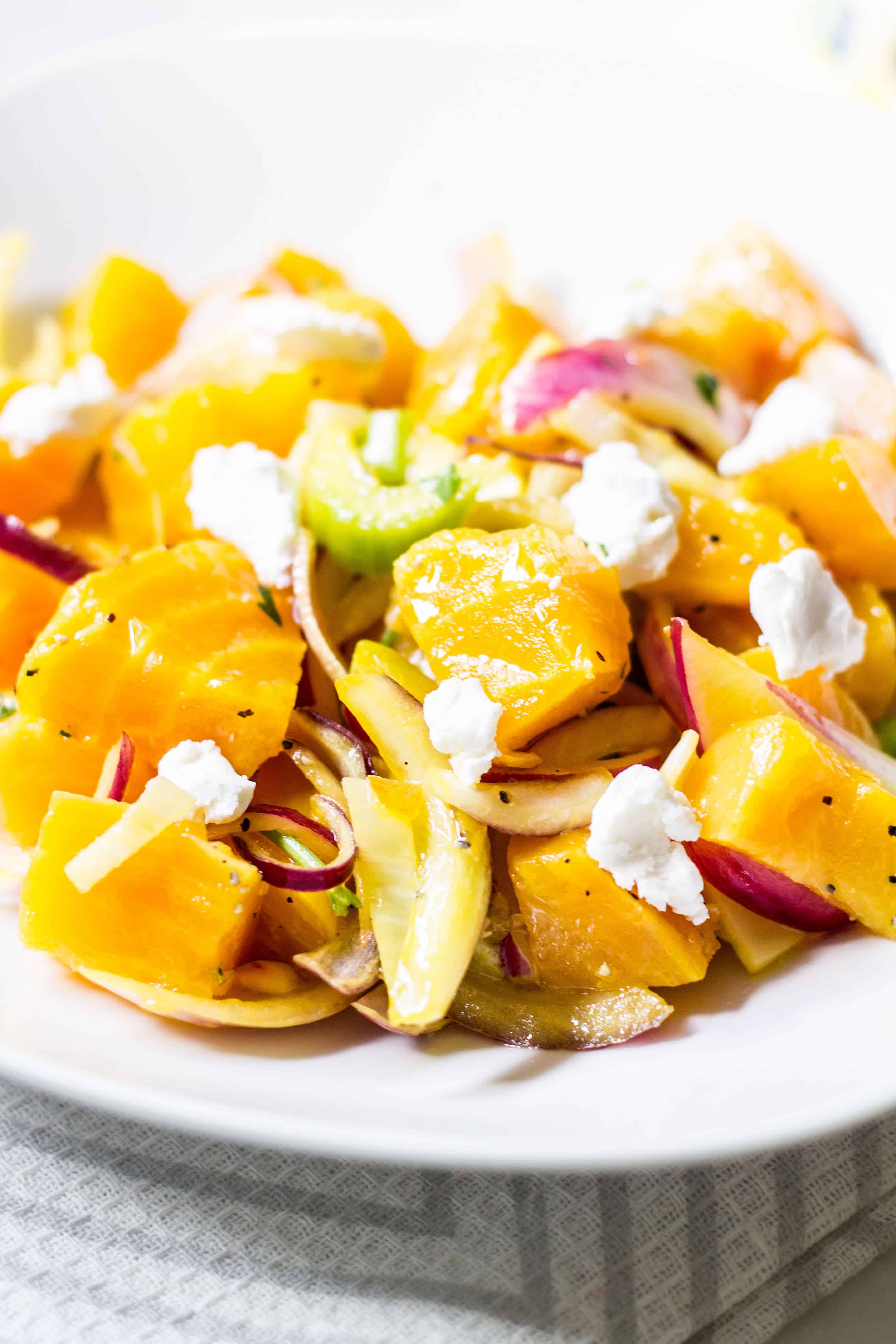 beet salad with goat cheese close-up shot