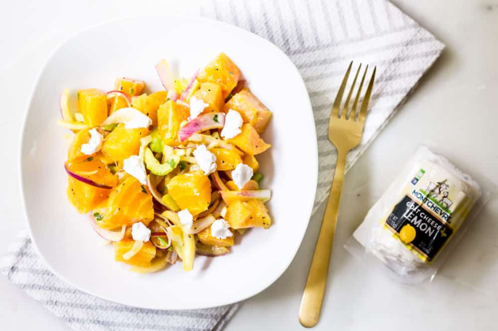 Beet Salad Recipe with Montchevre goat cheese overhead shot