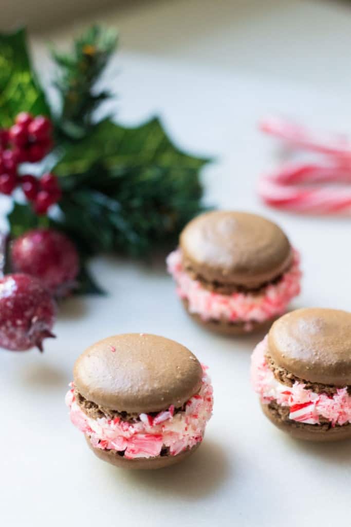 chocolate macarons next to holly berry