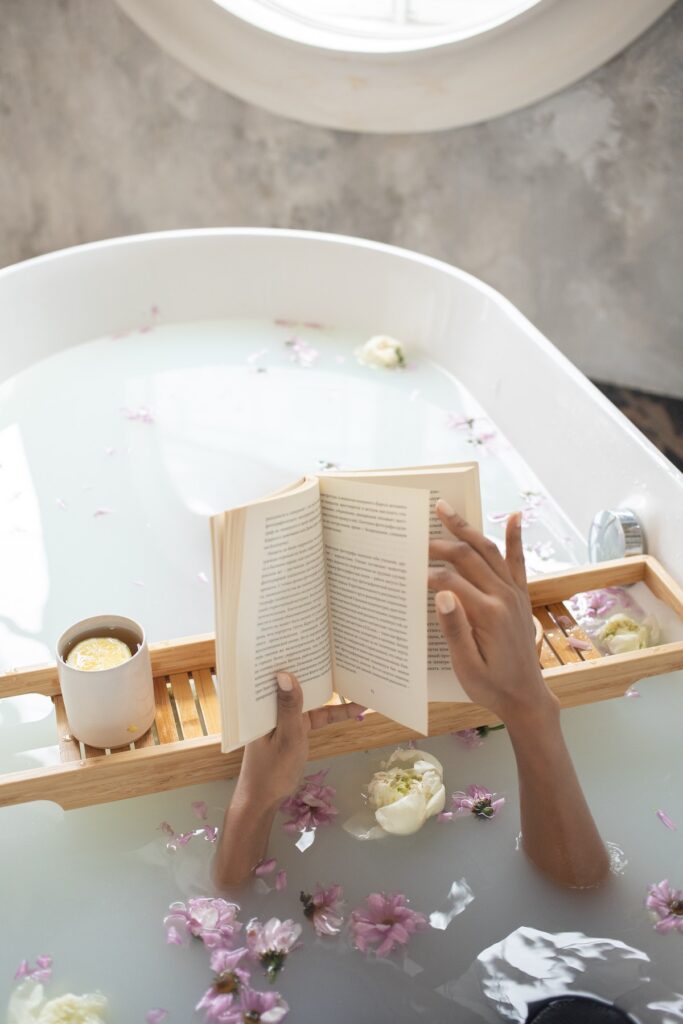 self-care routine reading and bubble bath