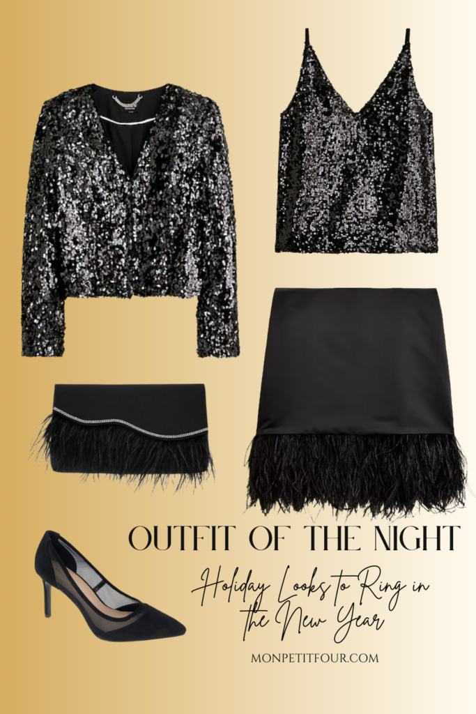 holiday look with sequin top and blazer and feather skirt