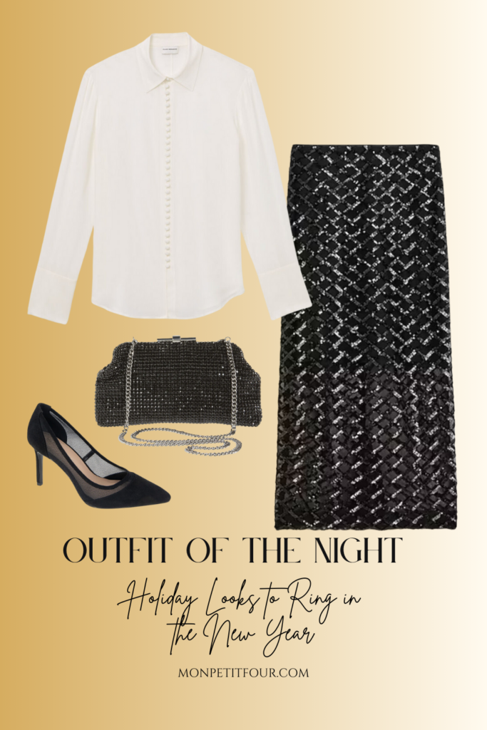holiday look 3 blouse with sequin mesh skirt and black mesh heels