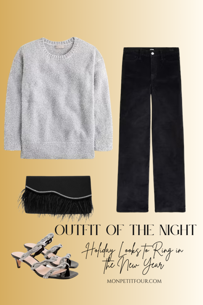 holiday look 4 metallic sweater velvet pants and clutch