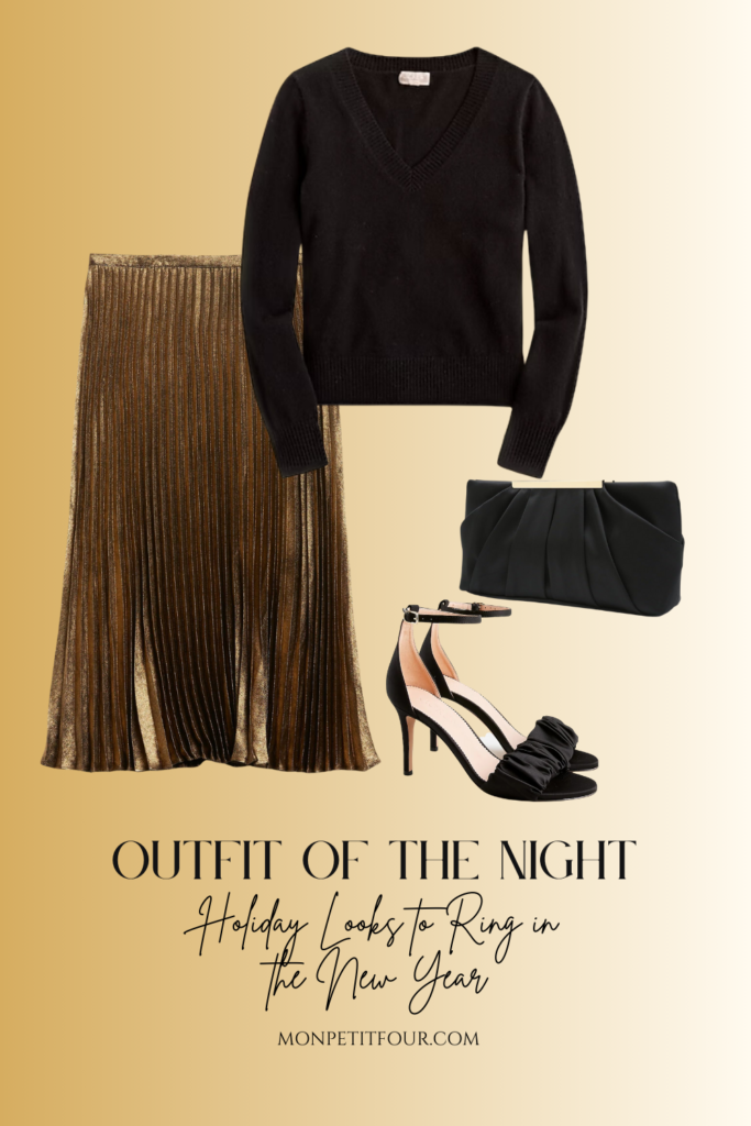 holiday look 5 black sweater and gold metallic skirt