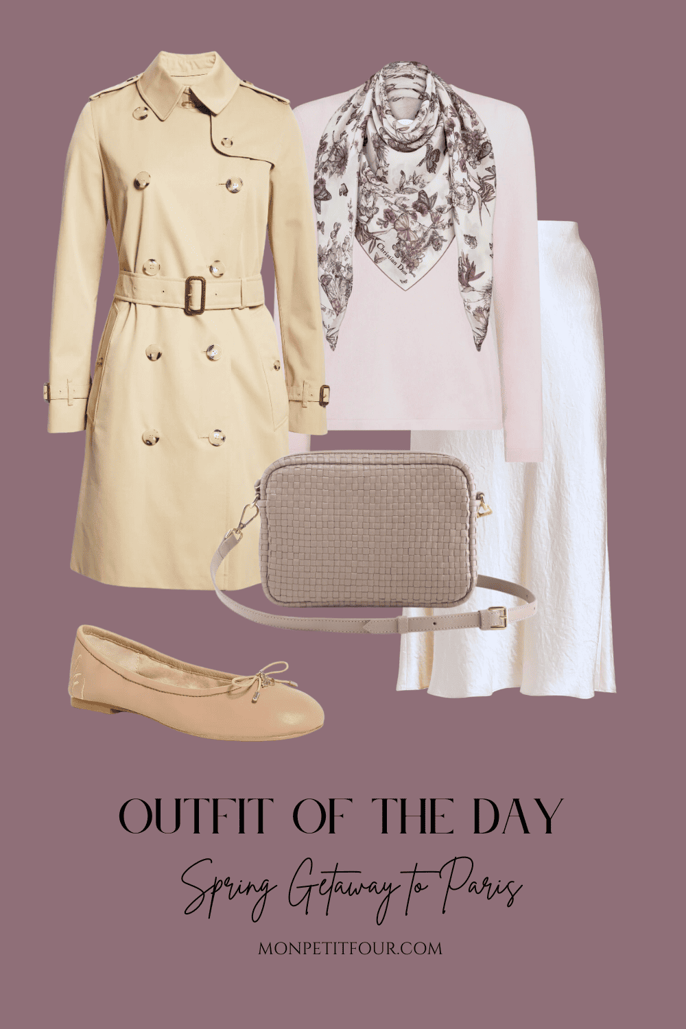 cashmere sweater with silk skirt and trench coat
