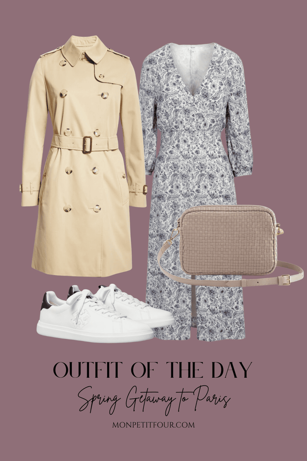 floral midi dress with trench coat and trainers