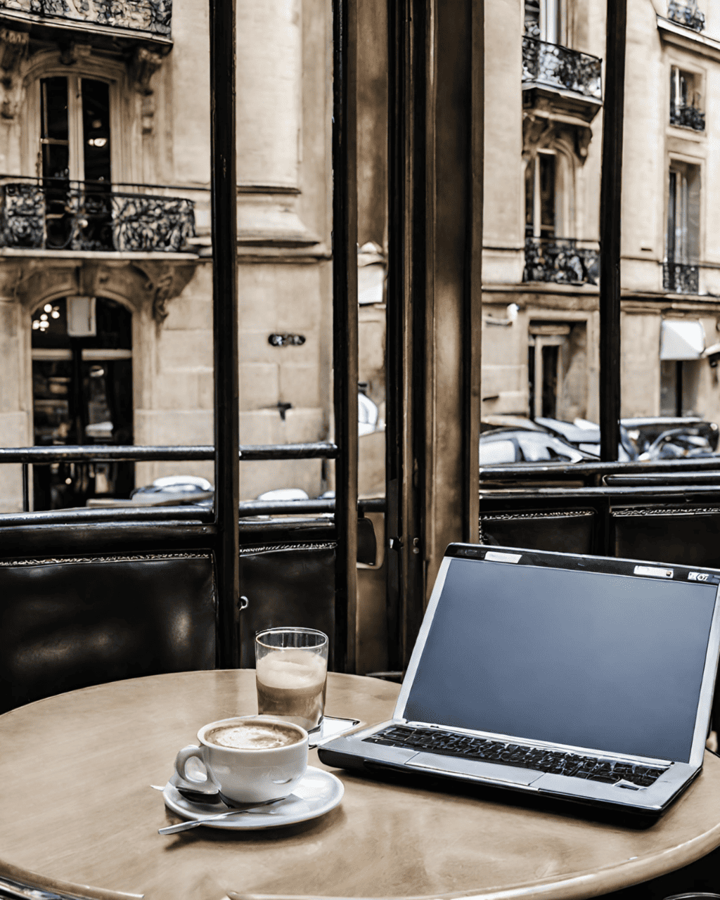 laptop on a table at a french cafe