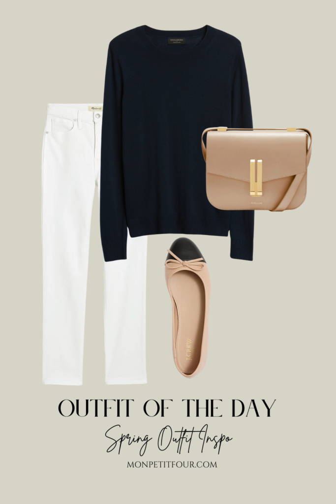white jeans with navy sweater and ballet flats and nude crossbody bag