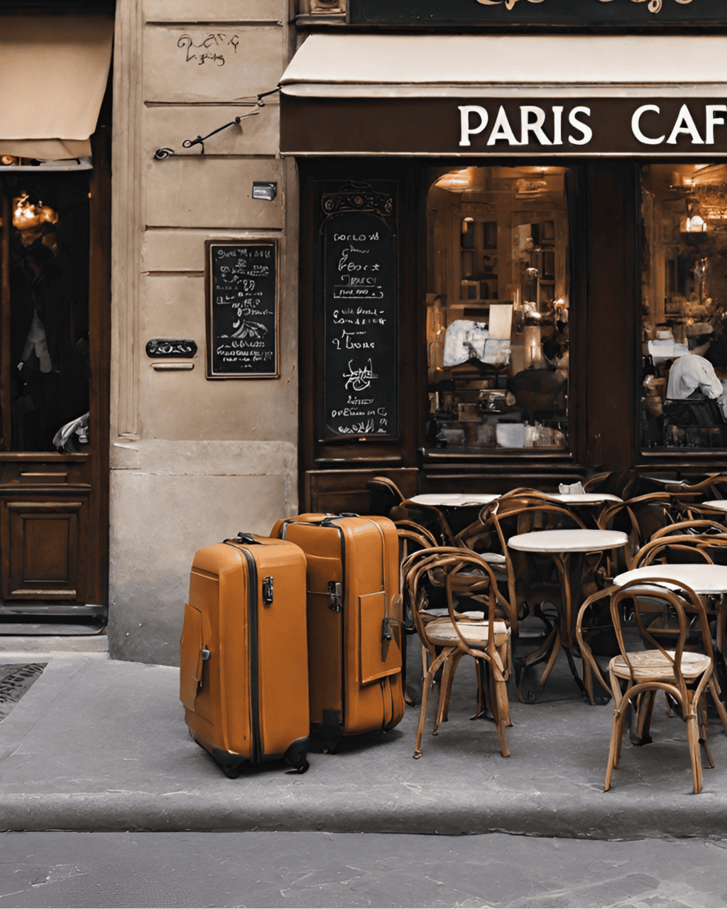 paris cafe with suitcases in front of it