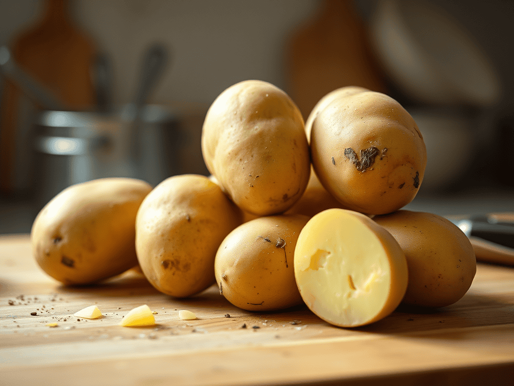 gold potatoes on a cutting board