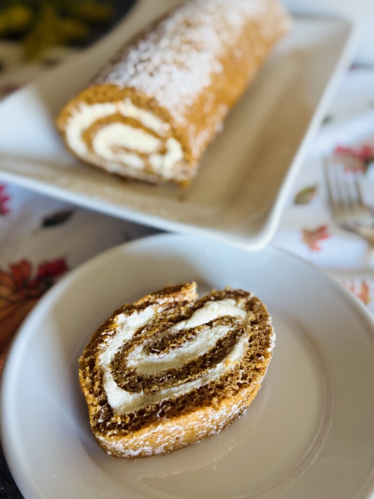 pumpkin roulade cake slice close up shot