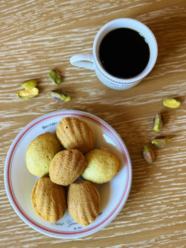 overhead view of mini pistachio madeleines